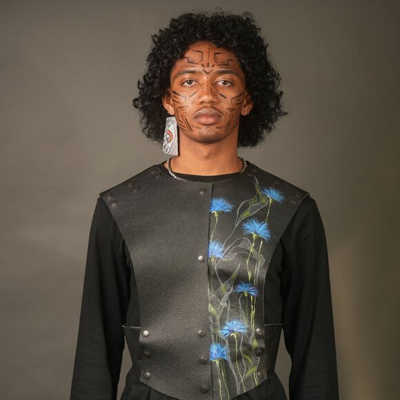 Upcycled Unique Unisex Floral Hand-Painted Black Leather Vest from SPARK + REBEL - Picture 1 of 10